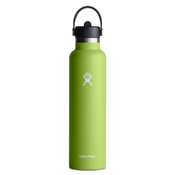 A light green 24 ounce stainless steel Hydroflask water bottle with straw lid and handle strap.